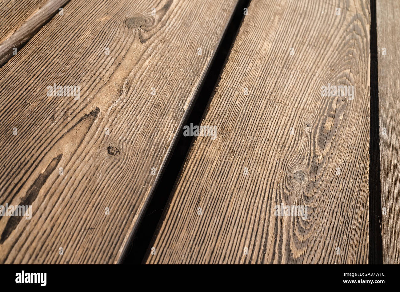 Old wooden floor made of rough oak boards, background photo with selective focus Stock Photo