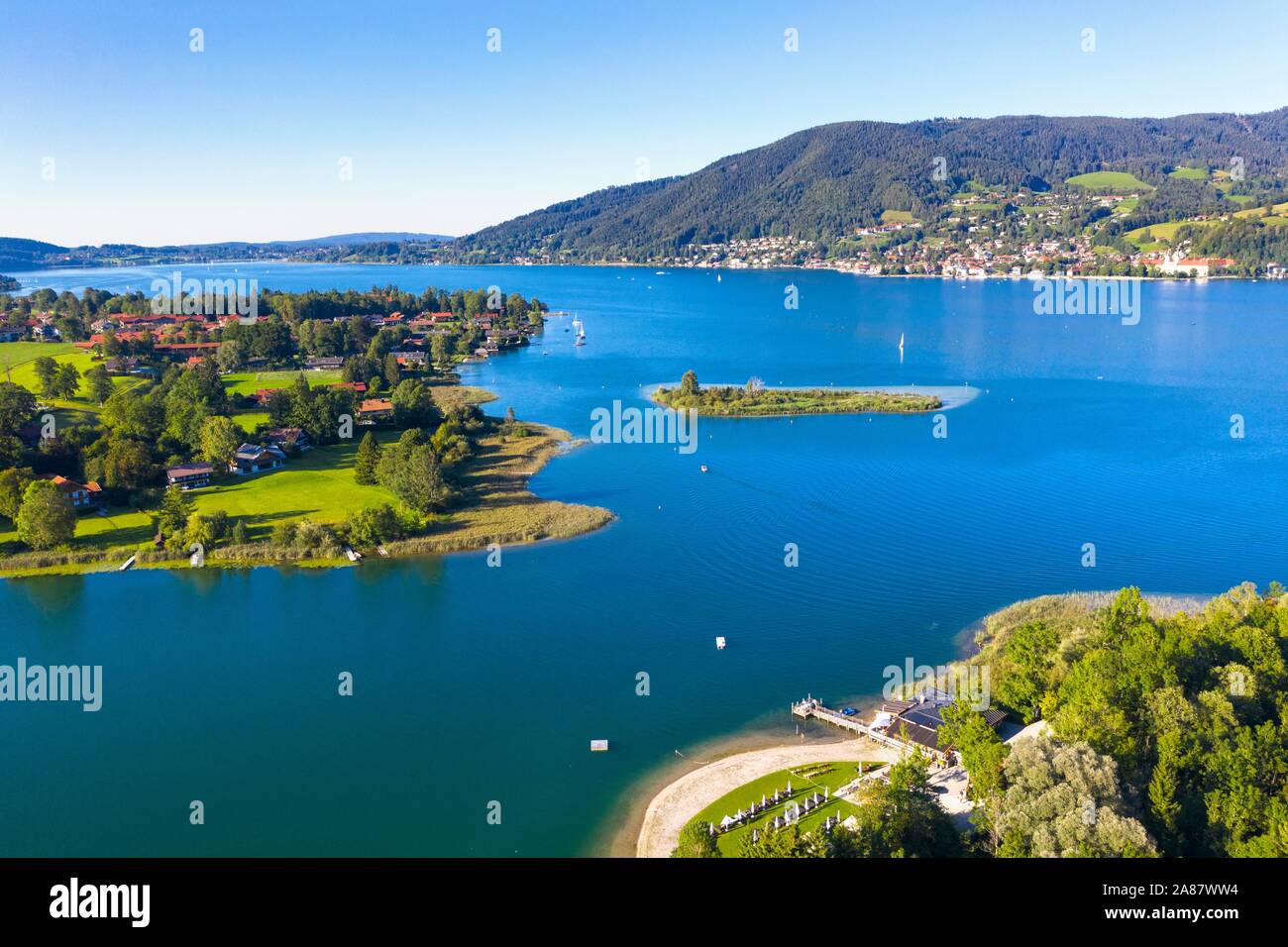 Ferry hut, Abwinkl and Ringseeinsel, Tegernsee, aerial view, Upper ...