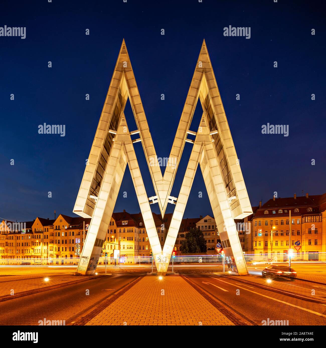 Double-M, also Messe-M, logo of Leipziger Messe, night shot, Alte Messe,  Leipzig, Saxony, Germany Stock Photo - Alamy