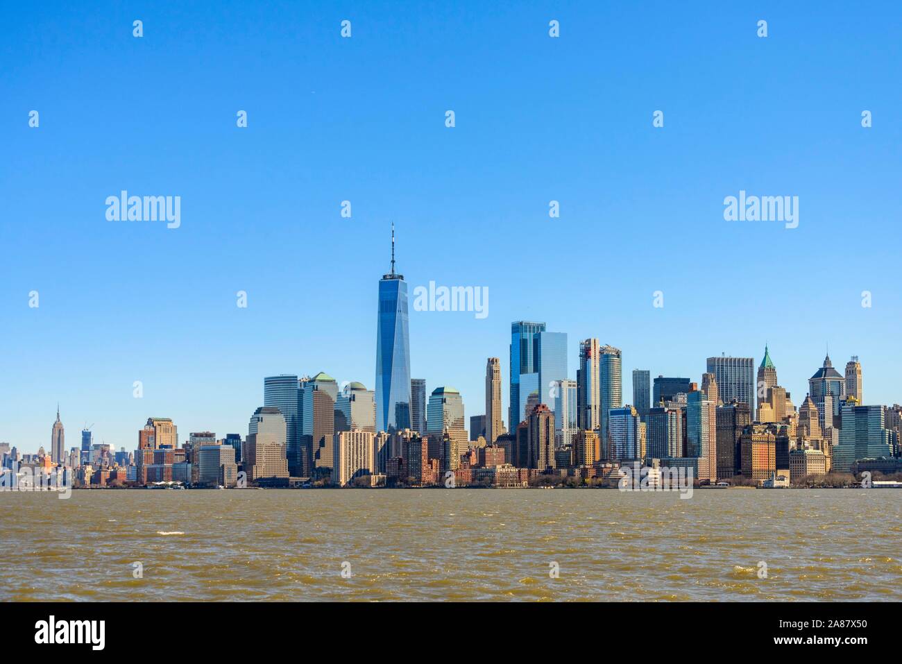 View from Hudson River to the skyline of Lower Manhattan with skyscrapers, New York City, New York, USA Stock Photo