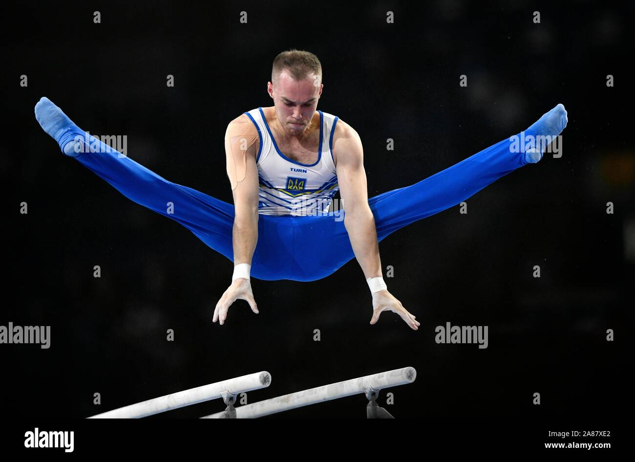 Oleg Verniaiev UKR, Bars, World Championships in Gymnastics, Gymnastics World Championships 2019, Hanns-Martin-Schleyer-Halle, Stuttgart Stock Photo
