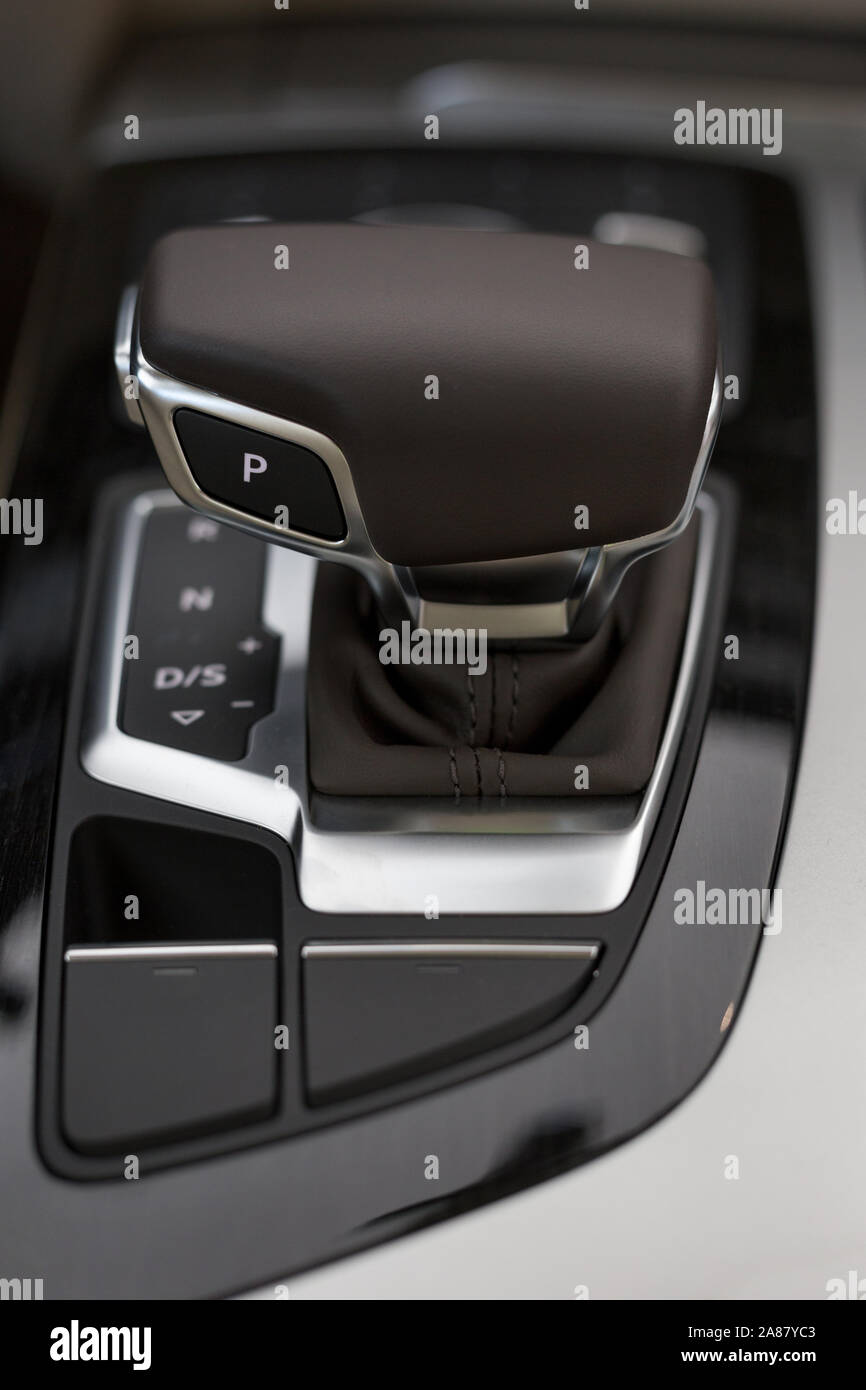 Automatic transmission of a new modern car at dealer showroom. Modern