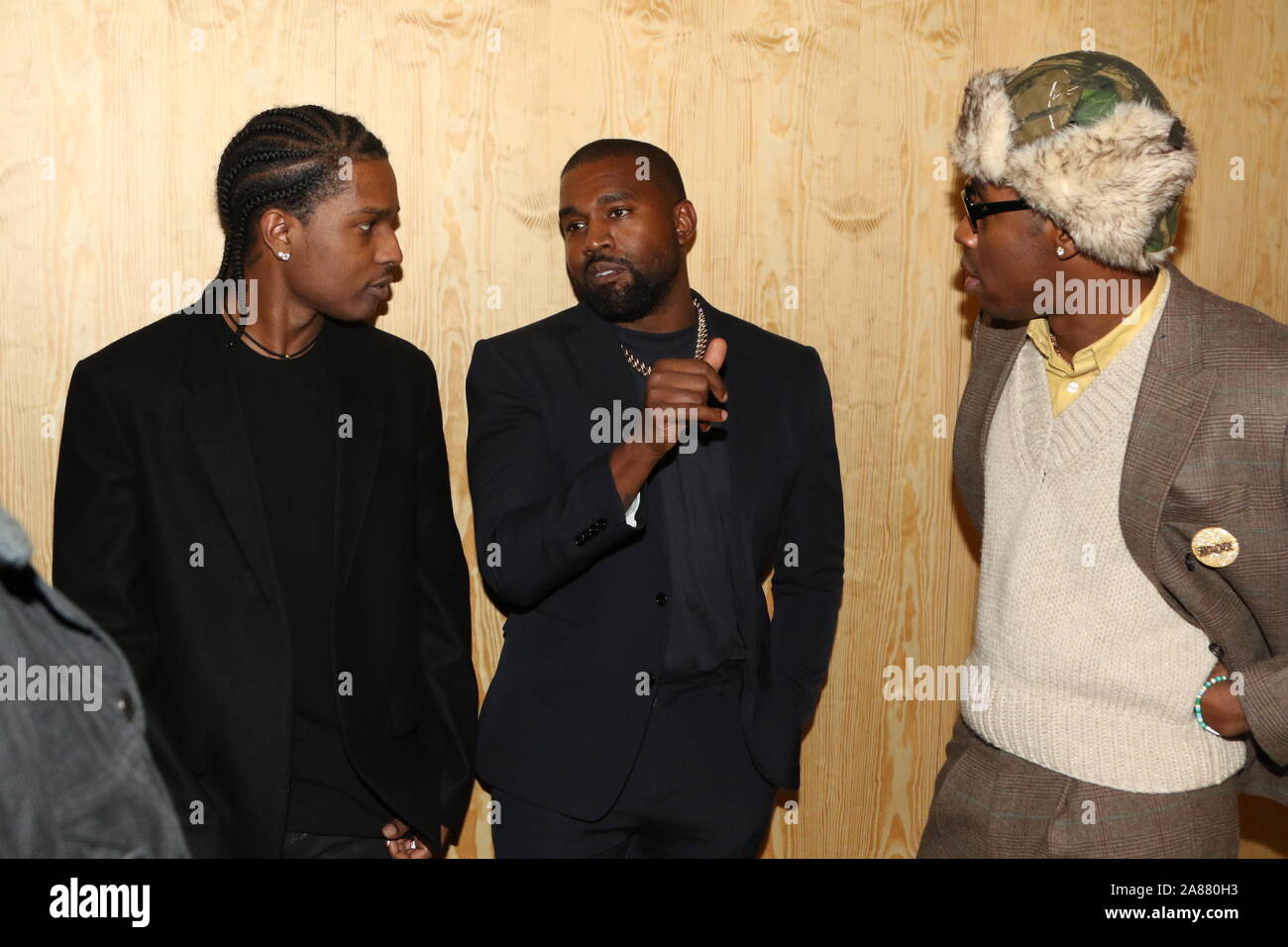 New York, NY, USA. 6th Nov, 2019. A$AP Rocky, Kanye West & Tyler The  Creator attend the Kanye West "Follow God" music video presentation at the  Burberry Store, November 6, 2019 in