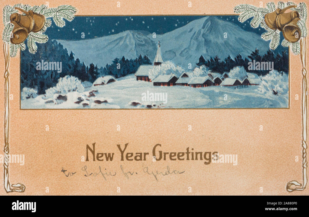 Vintage colorful post card with New Year Greetings,illustration of snow covered alpine village with church and bells, posted in New York ca 1908 Stock Photo
