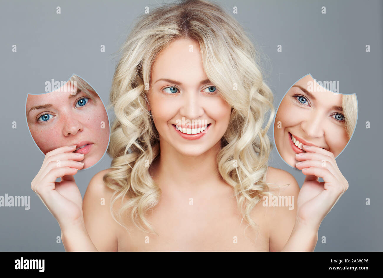 Concept Skincare With Mask . Skin Of Beauty Young Woman Before And