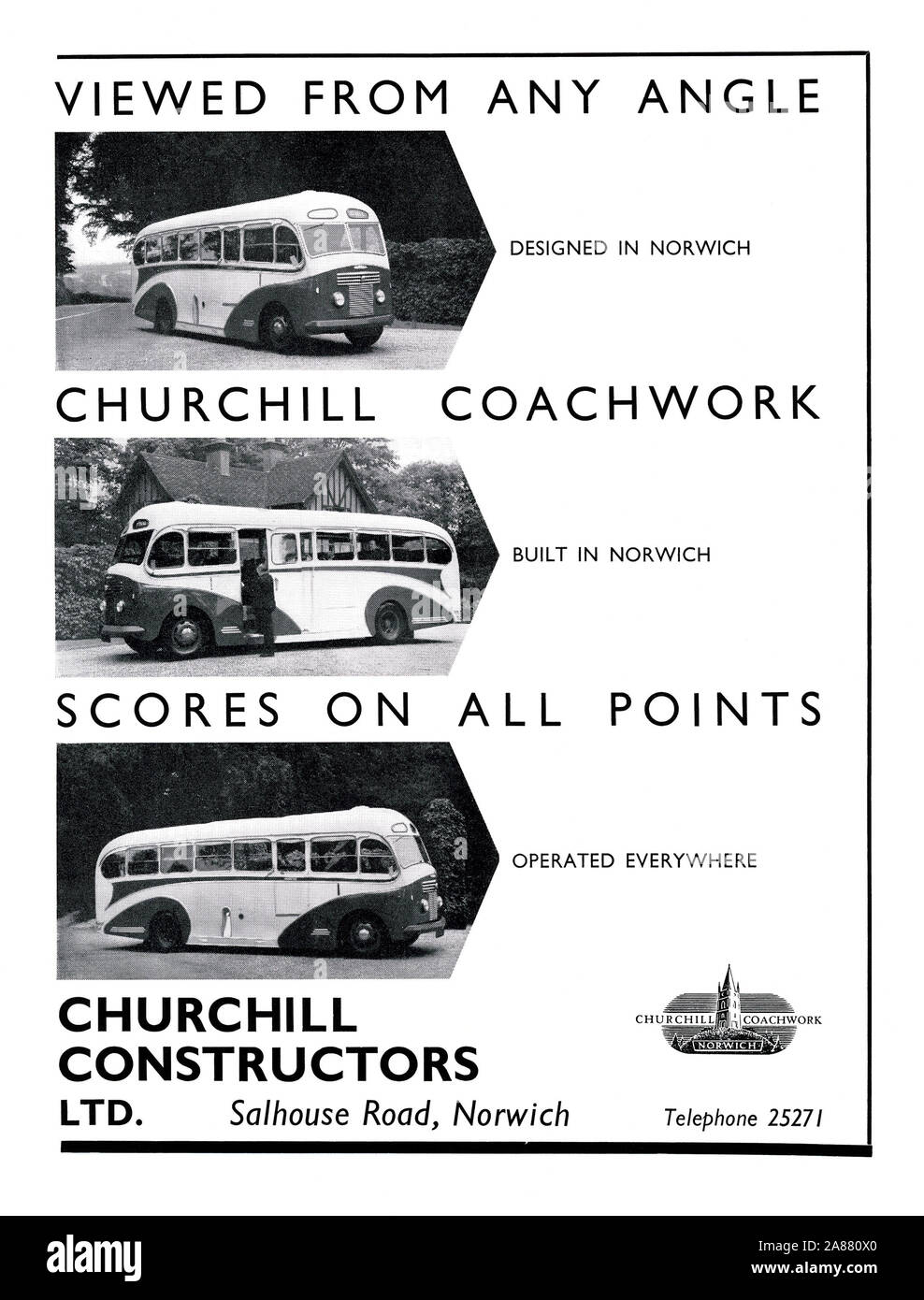 Advert for Churchill Constructors Ltd of Salhouse Road, Norwich, Norfolk, England, UK, 1951. As seen in the photographs, its main coachbuilding activity was constructing coach bodies on the chassis and engine of a Commer 'Avenger'. The chassis had a diesel engine and was built by the Rootes Group in the 1950s and 1960s. It was the first diesel engine used by that company. The Churchill-bodied coaches usually sat 34 passengers. Stock Photo