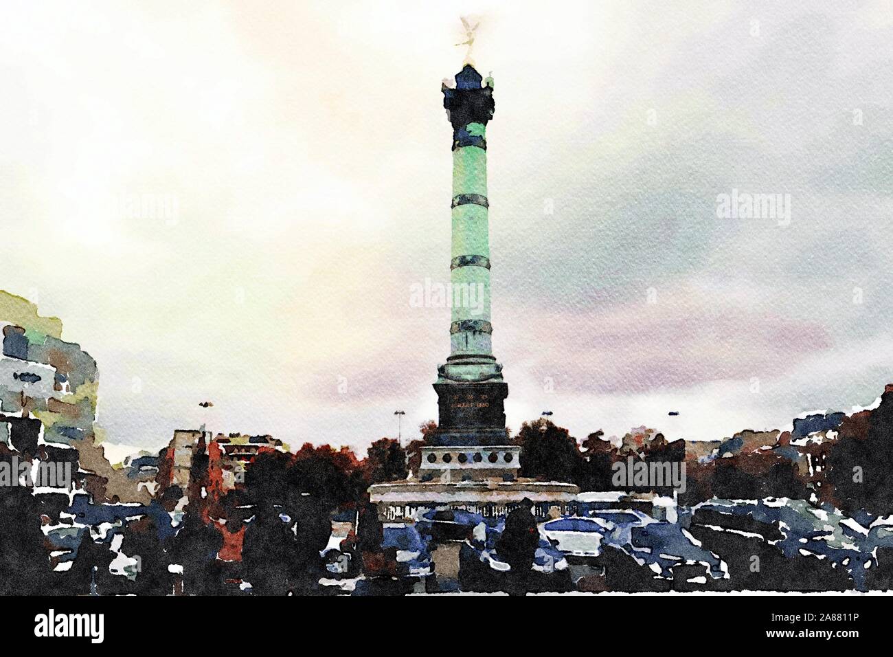 watercolor of Place de la Bastille in Paris Stock Photo