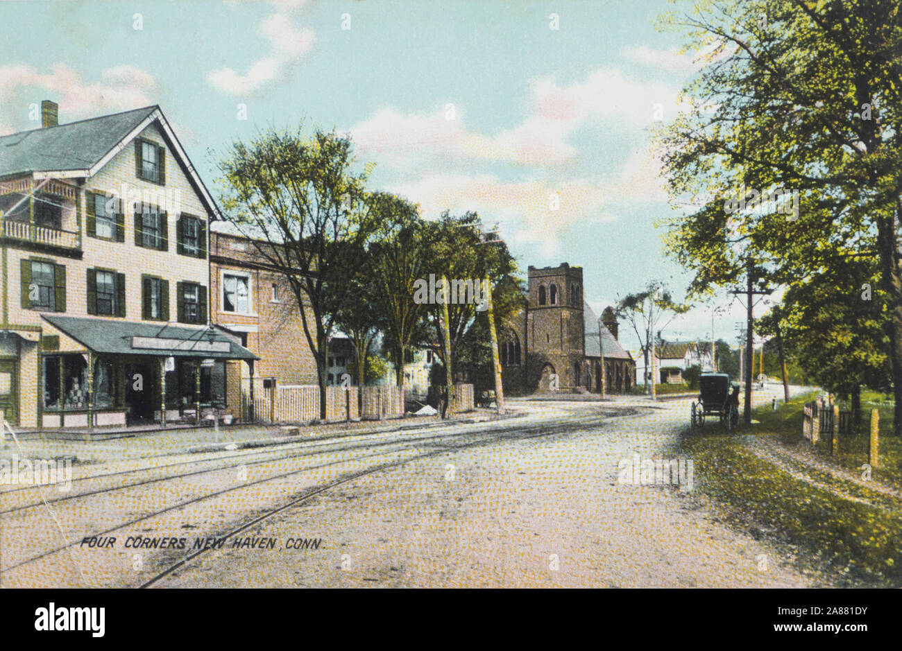 Vintage colored post card from Four Corners, New Haven, Connecticut USA ca 1910, street with streetcar tracks and a church Stock Photo