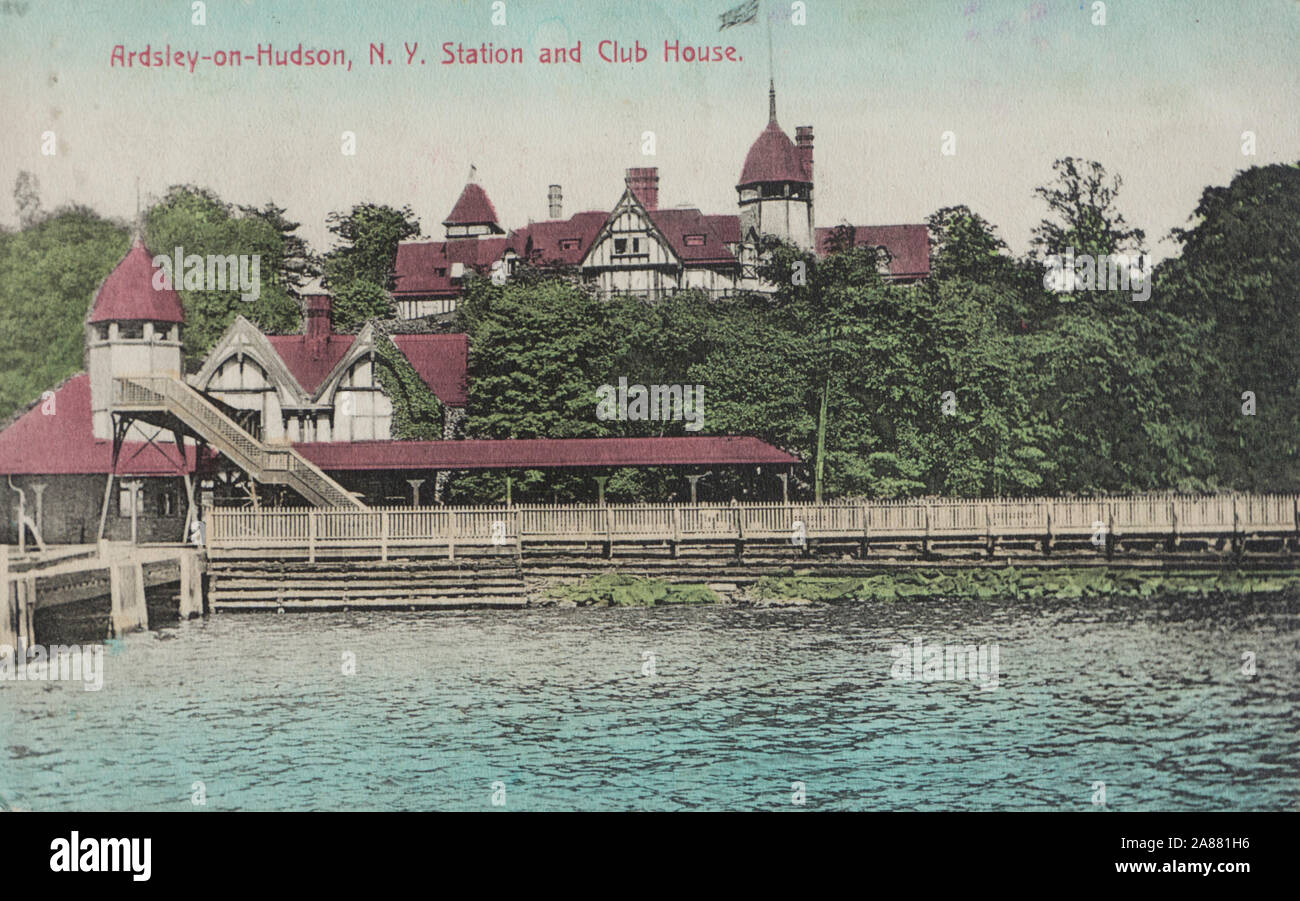 Ardsley-on-Hudson, N.Y. station and Club House, vintage colorized post card with buildings and pier seen from the river, used in 1910 Stock Photo