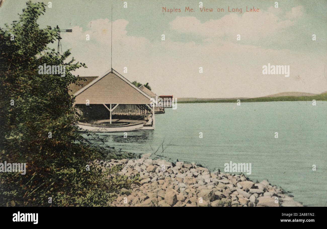 Vintage post card of the landscape around Naples in Main USA with focus on Long Lake, posted in 1911 Stock Photo