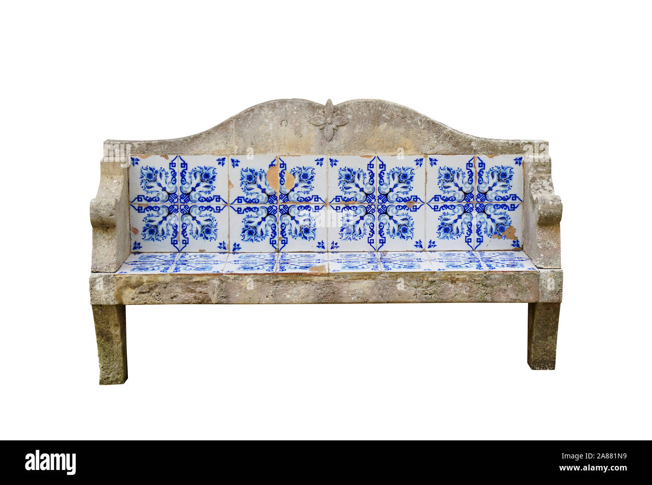Image of garden bench made of stone and tiles isolated on white