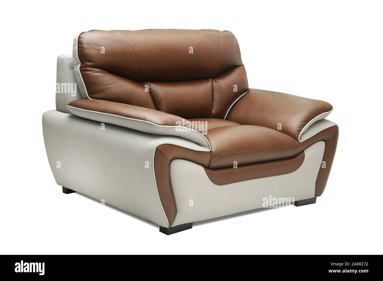 Light Brown leather sofa bench isolated on white background. Furniture showroom photography