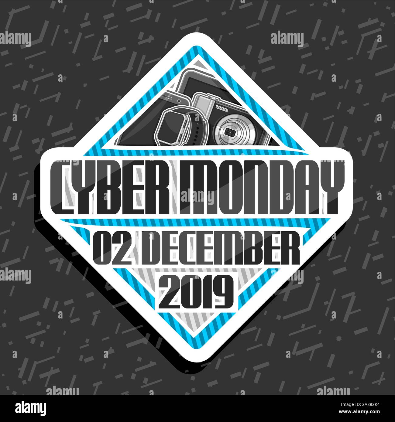 Vector logo for Cyber Monday, rhombus futuristic sign board with original font for words cyber monday, 02 december 2019, modern concept for season sal Stock Vector