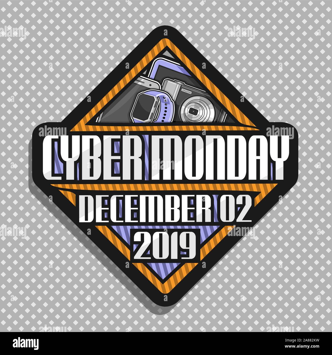 Vector logo for Cyber Monday, rhombus futuristic sign board with original font for words cyber monday, december 02, 2019, modern concept for season sa Stock Vector