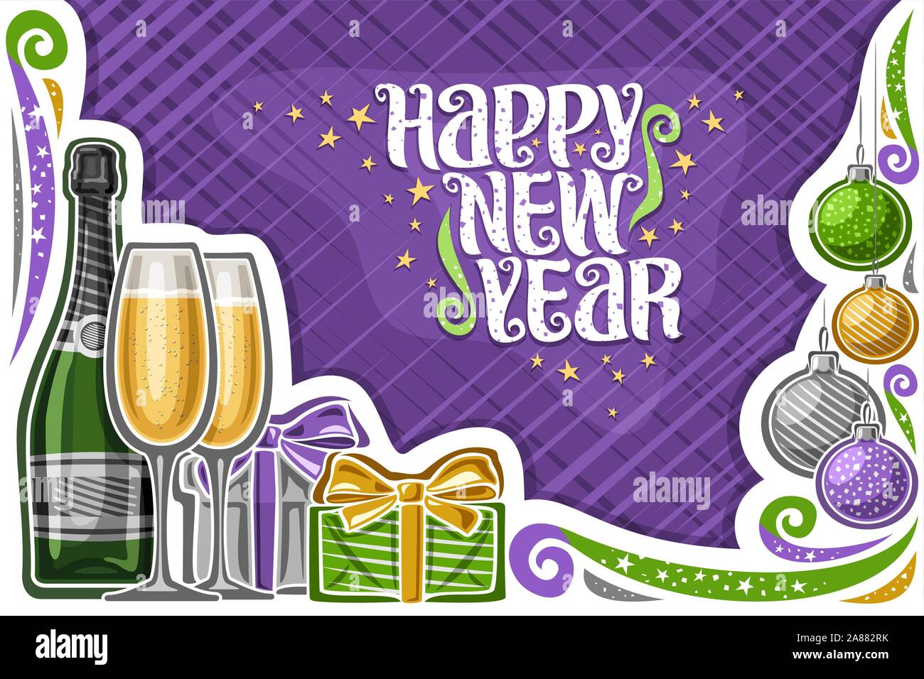 Vector greeting card for New Year, decorative voucher with original typeface for words happy new year, illustration of 2 flute wine glasses, bottle of Stock Vector