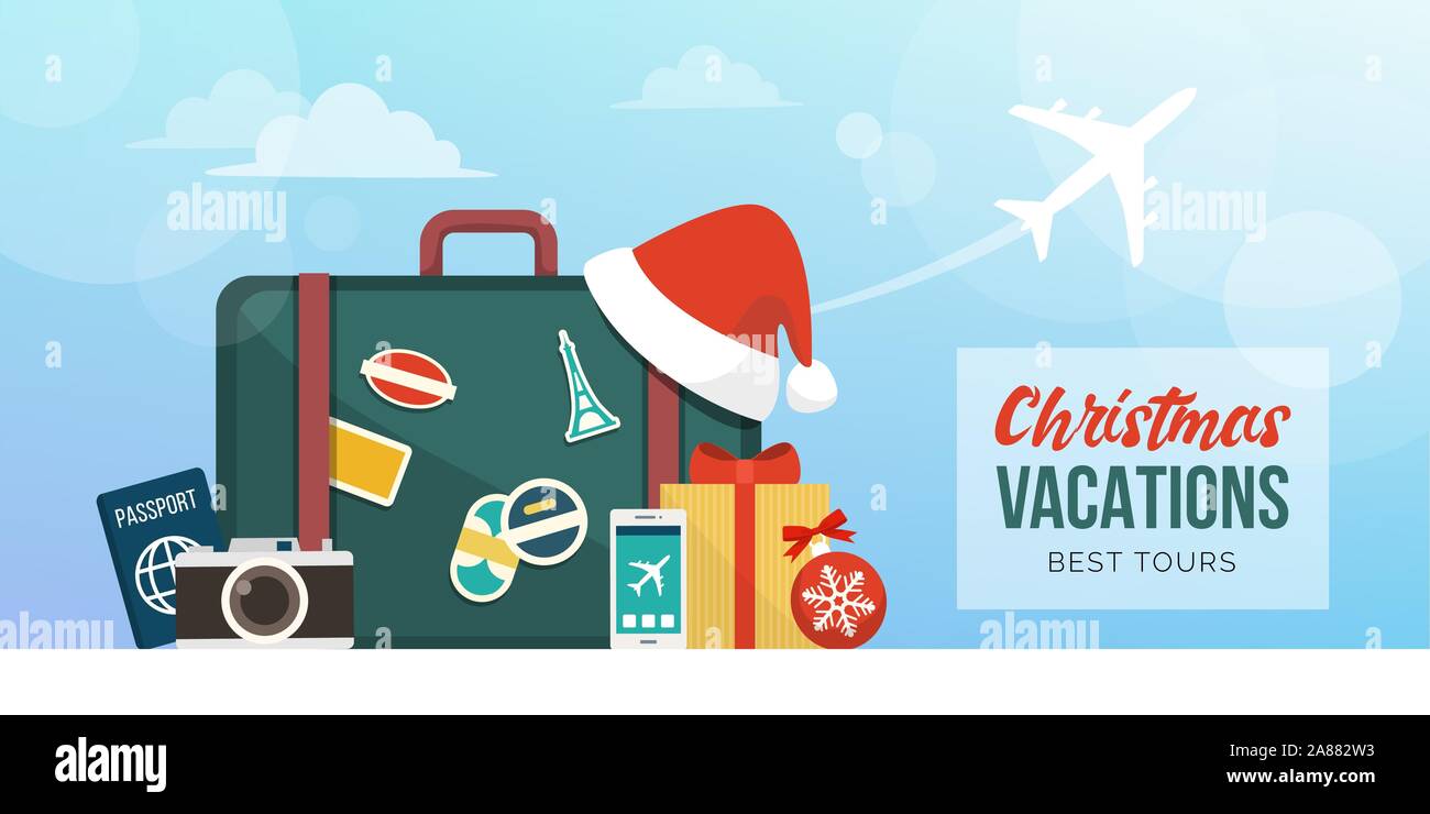 Christmas holiday vacations around the world: suitcase with travel and festivity items, plane flying in the background Stock Vector