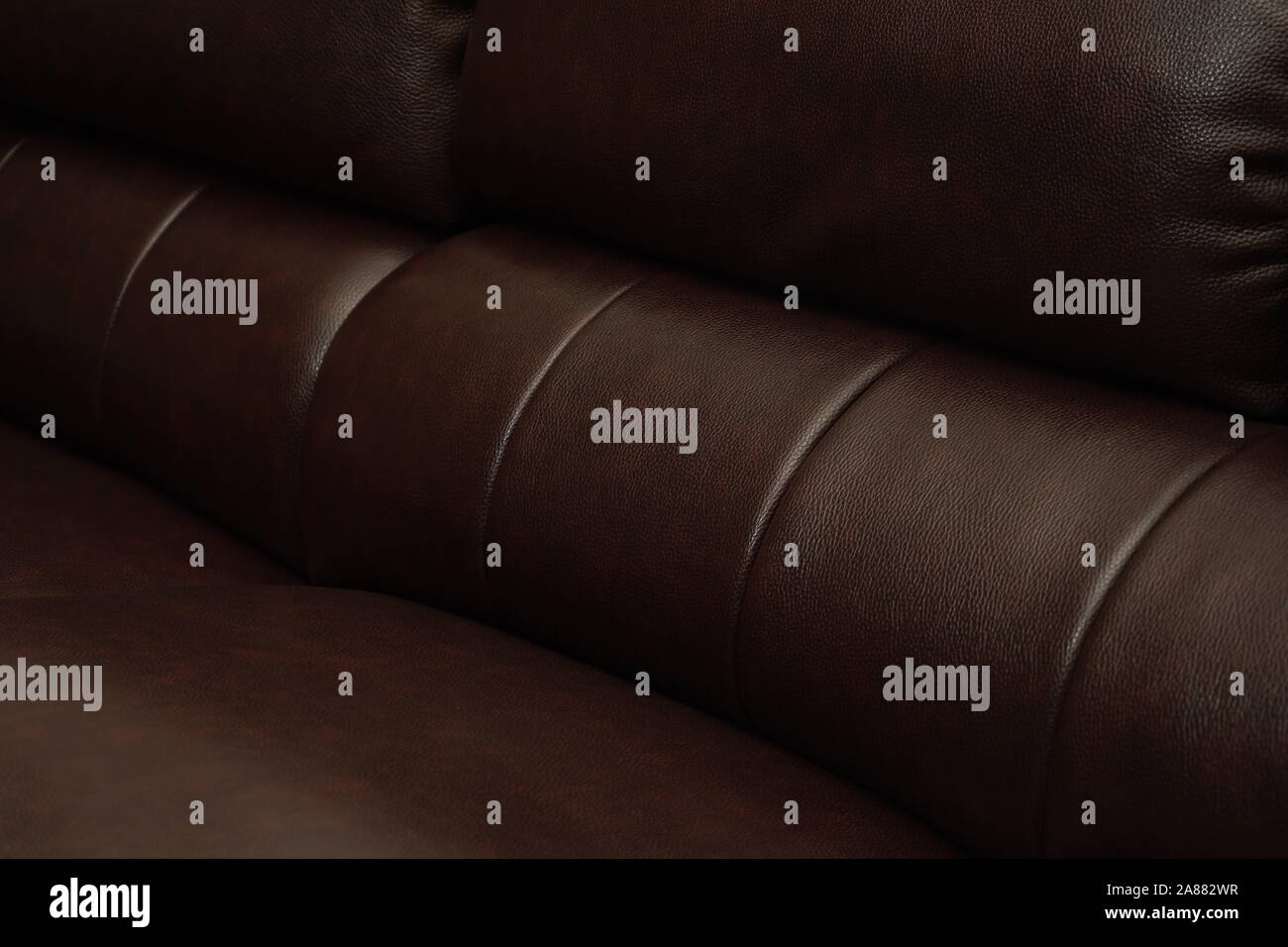 Dark Brown leather sofa, close up detail. Furniture showroom