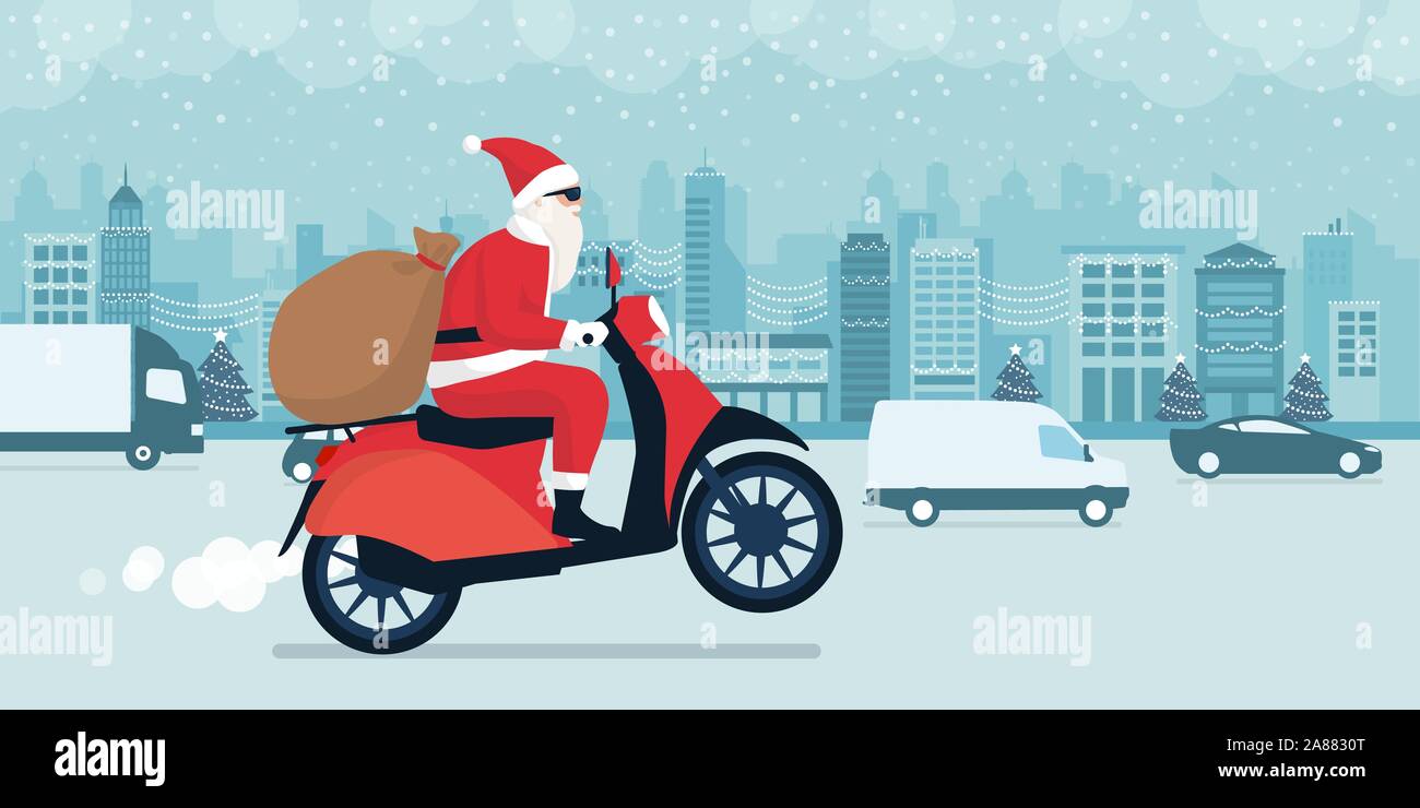 Contemporary Santa Claus delivering gifts on Christmas Eve, he is riding a red moped and driving in the city street traffic Stock Vector