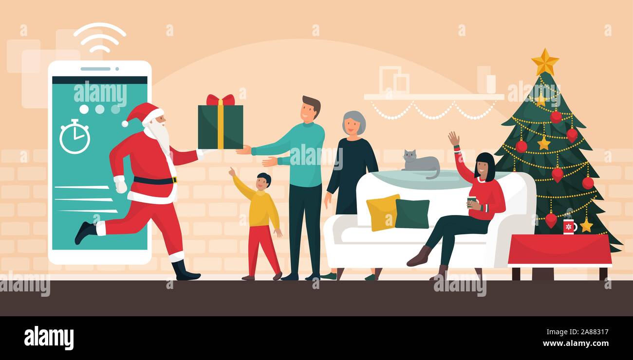 Santa Claus delivering gifts at home, he is stepping out from a smartphone and giving the present to a happy family at Christmas Stock Vector