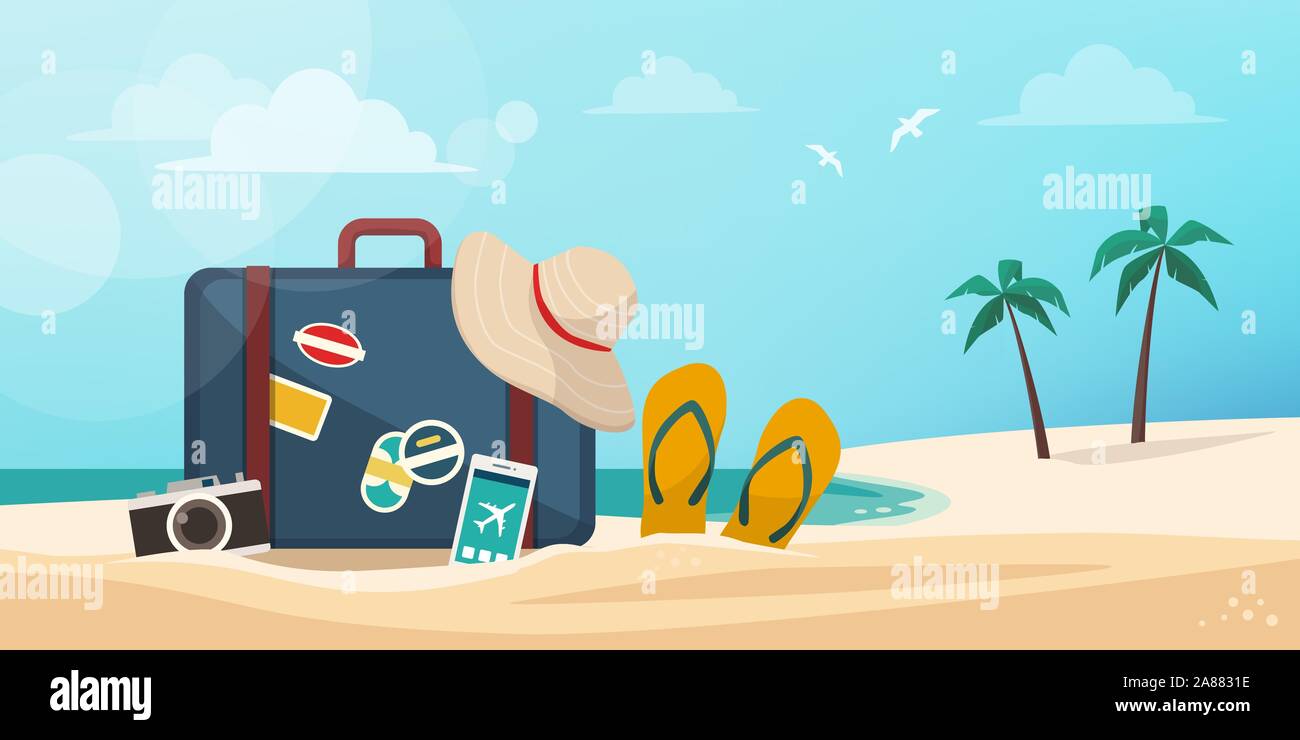 Suitcase, camera, smartphone and beach accessories on the sand: vacations on the tropical beach concept Stock Vector