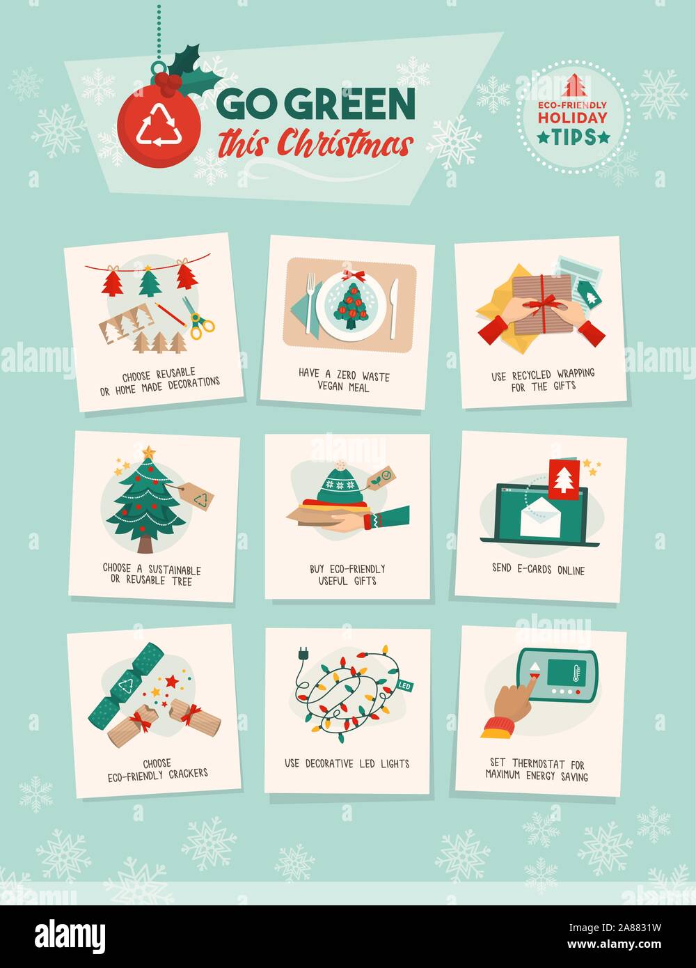 Go green this Christmas: how to have a sustainable eco-friendly holiday at home vector infographic with easy tips Stock Vector