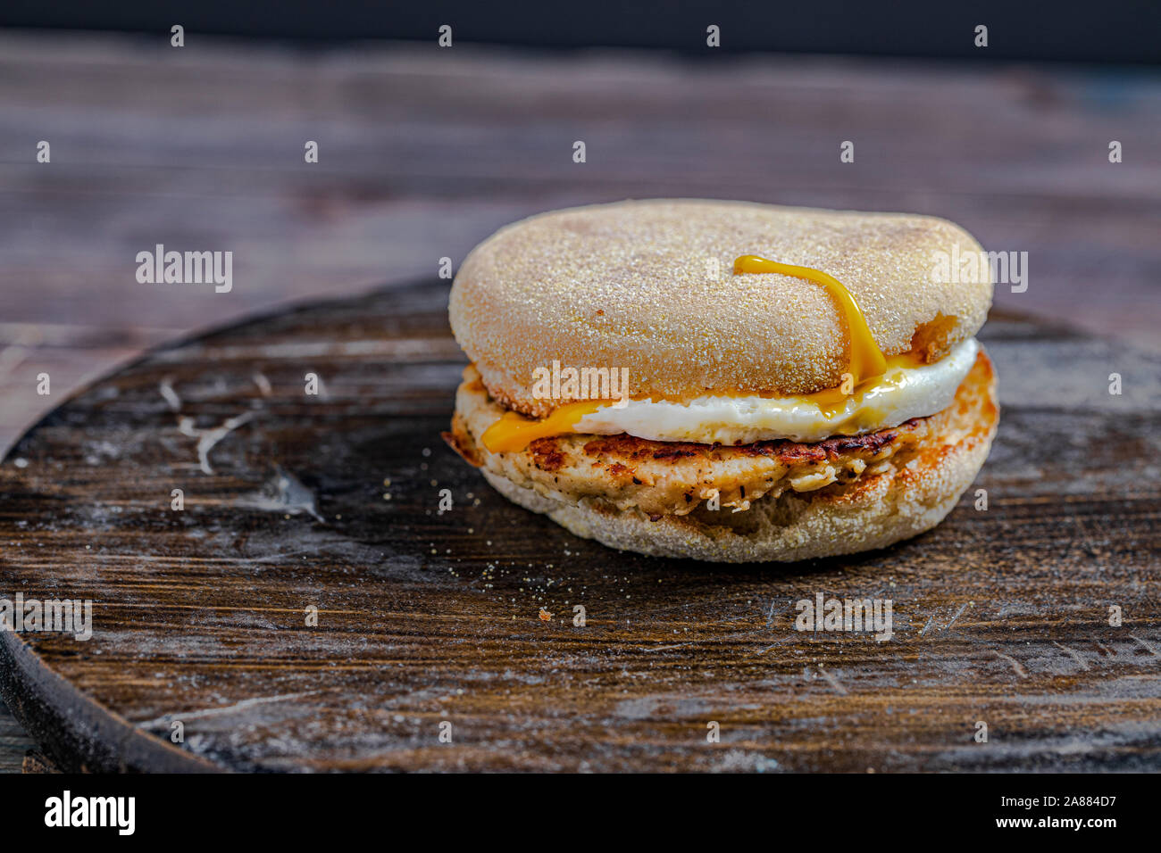 chicken sausage McMuffin with egg, and golden brown and crispy