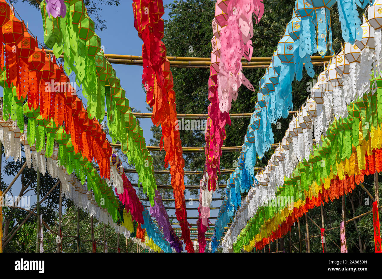 Picture of colorful lanterns for Loi Krathong festival hanging in a bamboo scaffold Stock Photo