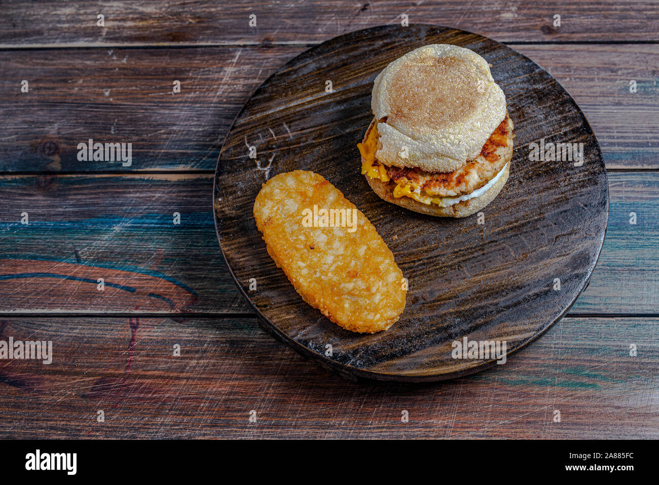chicken sausage McMuffin with egg, and golden brown and crispy