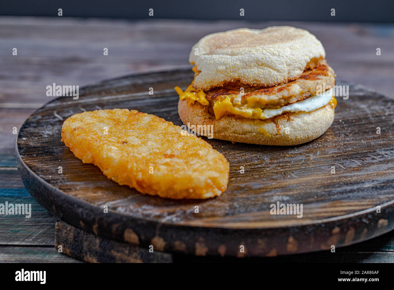 chicken sausage McMuffin with egg, and golden brown and crispy