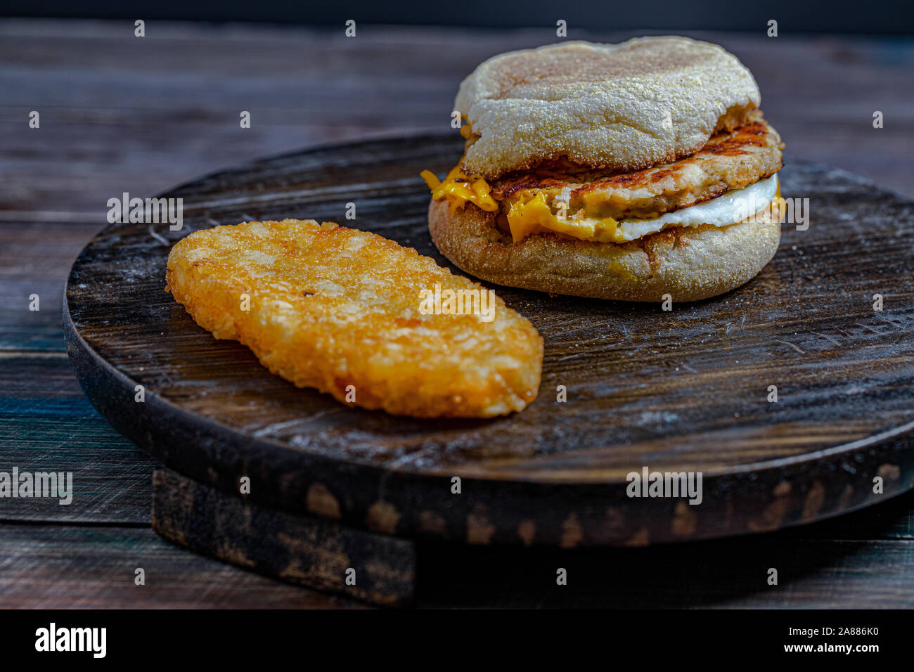 chicken sausage McMuffin with egg, and golden brown and crispy