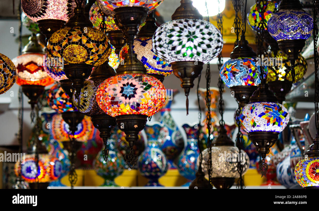 A bunch of turkish lamps at one of many Kemer gift shops. Antalya