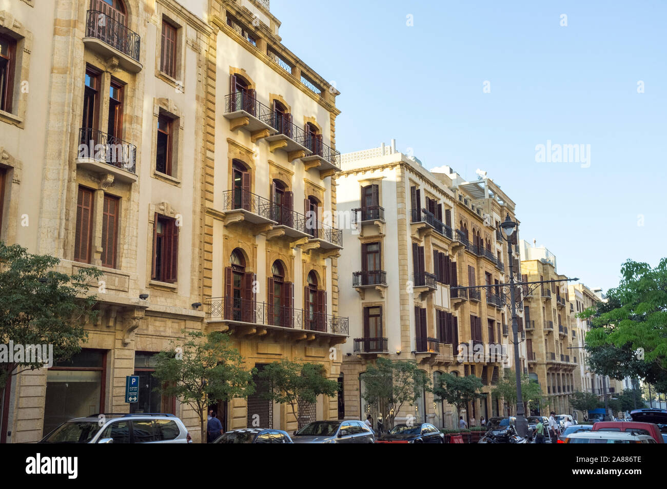 Reconstructed French-mandate era buildings in Downtown Beirut, which house apartments and luxury shops Stock Photo