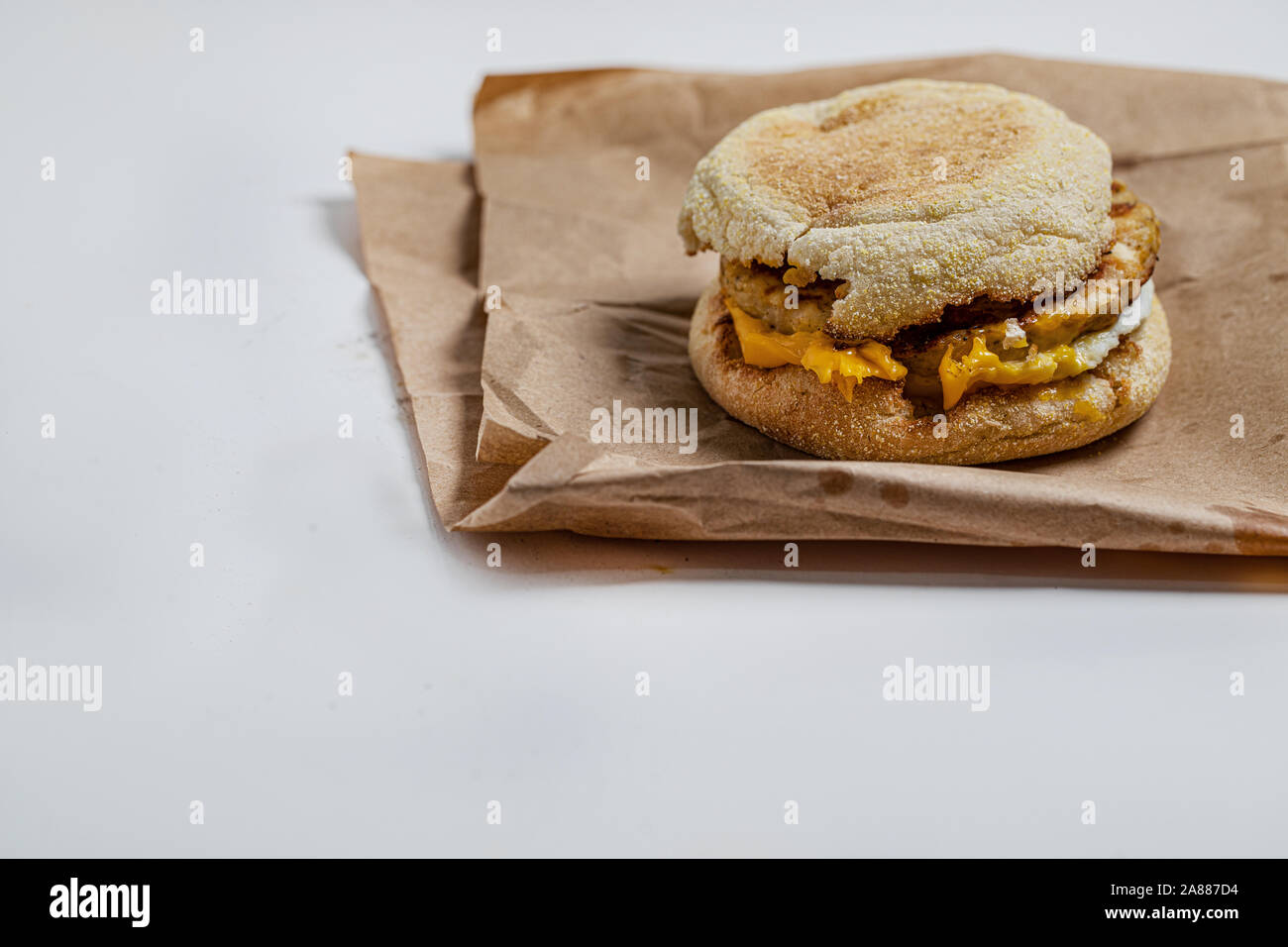 chicken sausage McMuffin with egg, and golden brown and crispy