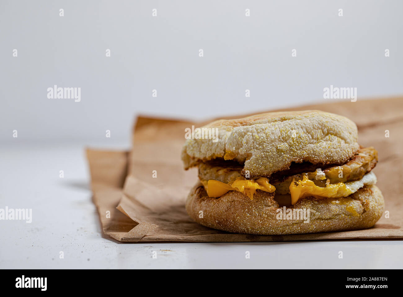 chicken sausage McMuffin with egg, and golden brown and crispy