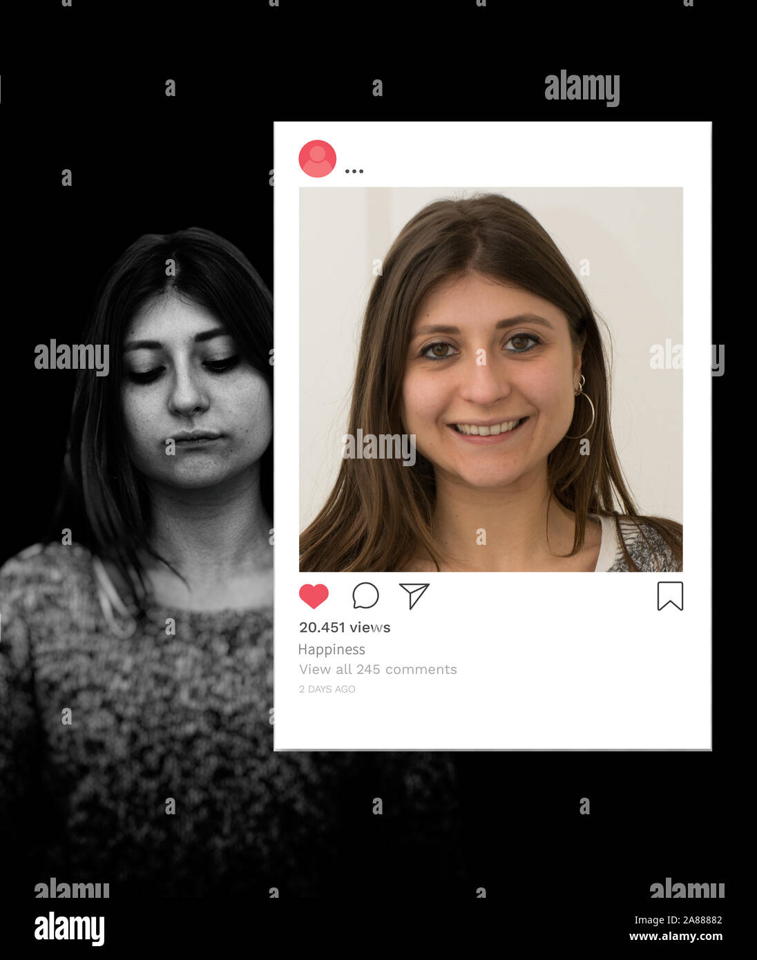 Young Caucasian girl suffering and depressed appears smiling and happy on social networks. Concept of falsehood and hypocrisy of social networks Stock Photo