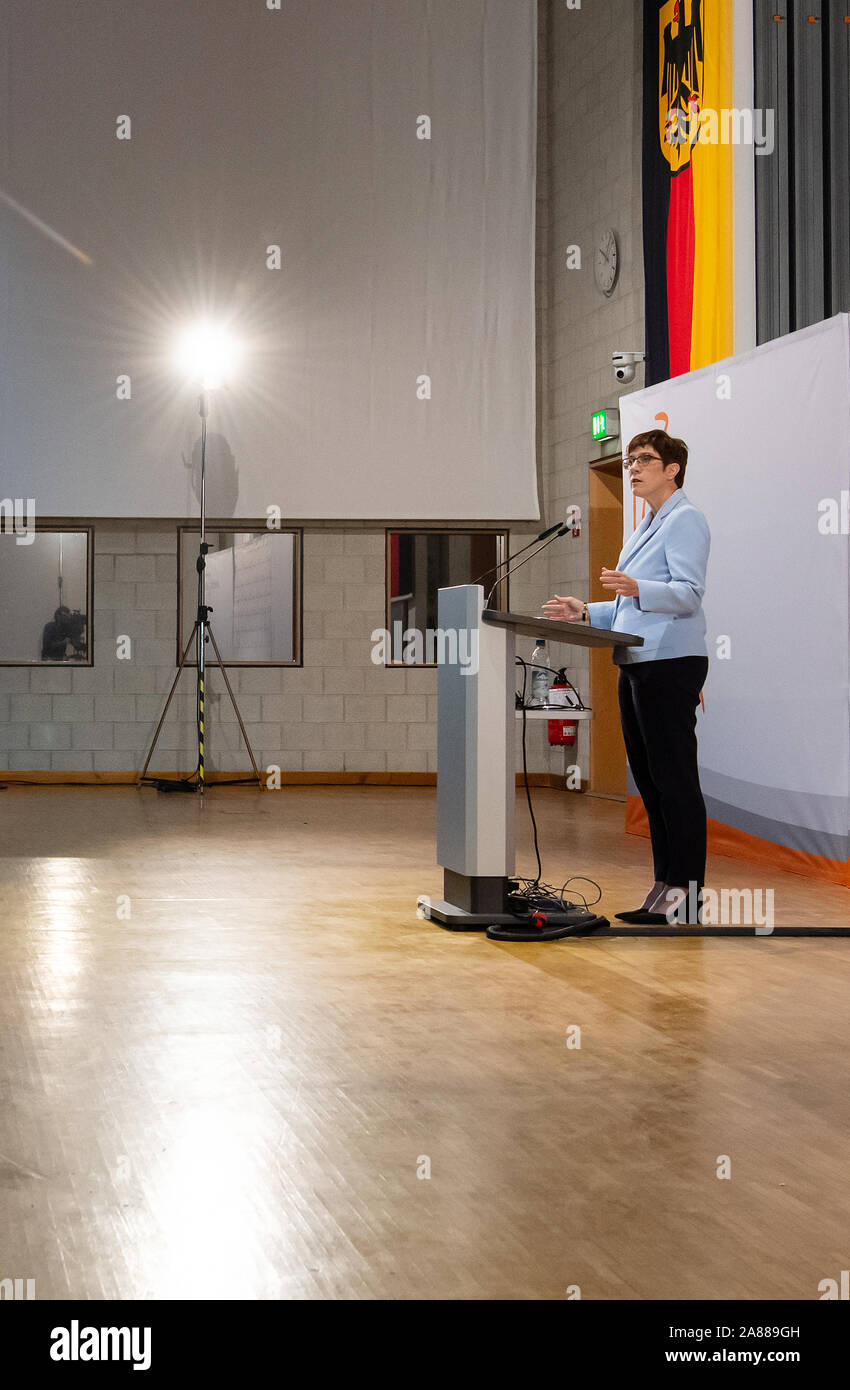 Munich, Germany. 07th Nov, 2019. Annegret Kramp-Karrenbauer (CDU), Federal Minister of Defense, addresses students at the University of the Bundeswehr. Kramp-Karrenbauer plans to establish a National Security Council in Germany. Credit: Sven Hoppe/dpa/Alamy Live News Stock Photo