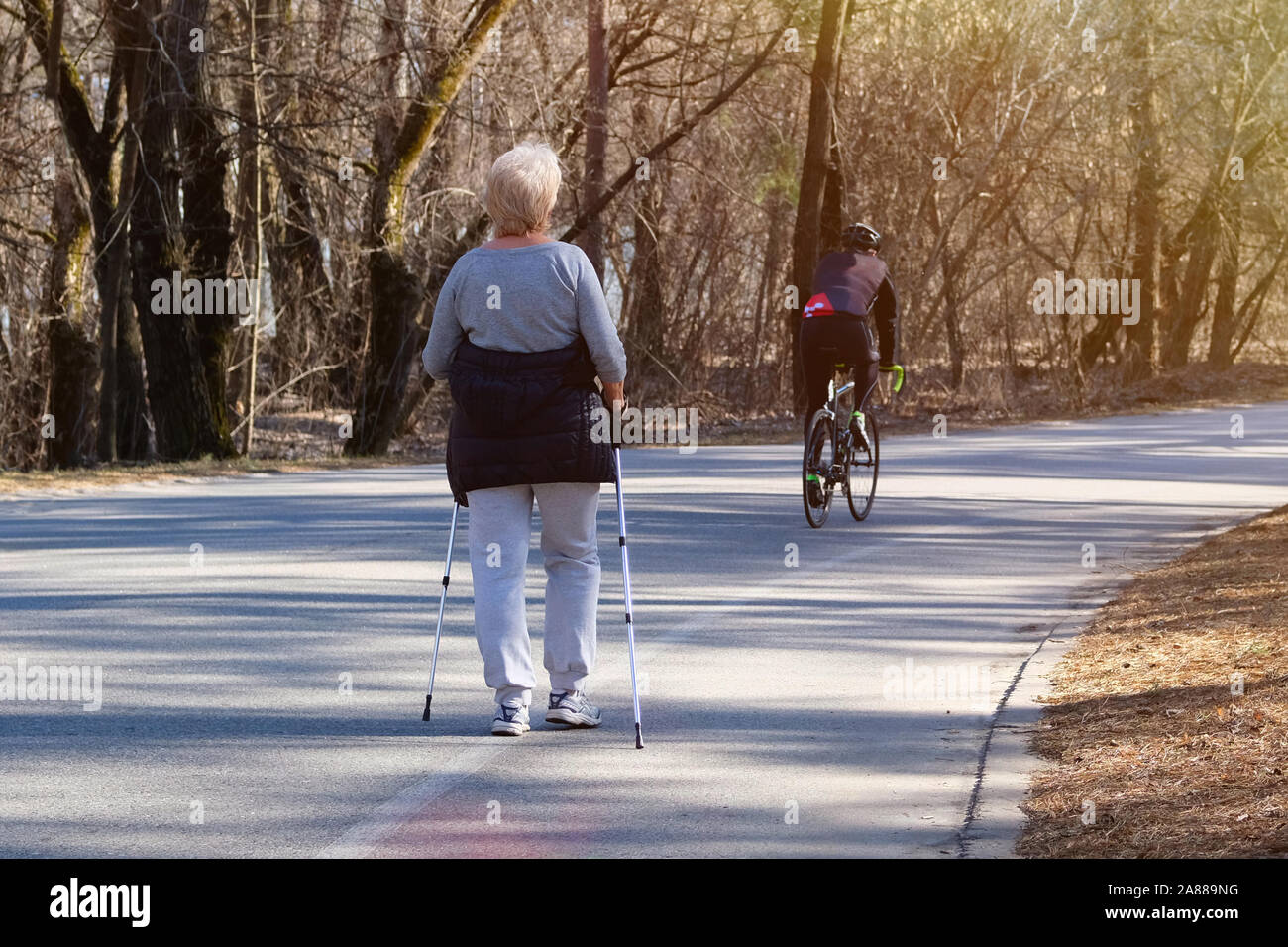 Elderly woman making nordic walking in park. Sport and active life concept. Healthy lifestyle. Stock Photo