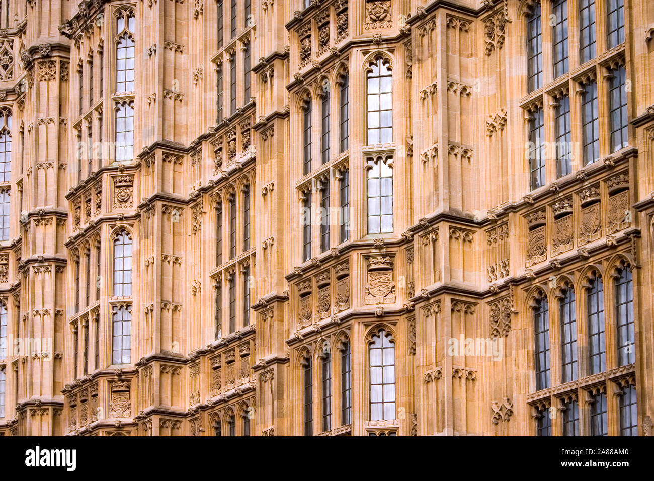 Houses of Parliament, London. Close, detail of the exterior façade to the UK seat of government, a classic example of British gothic architecture. Stock Photo