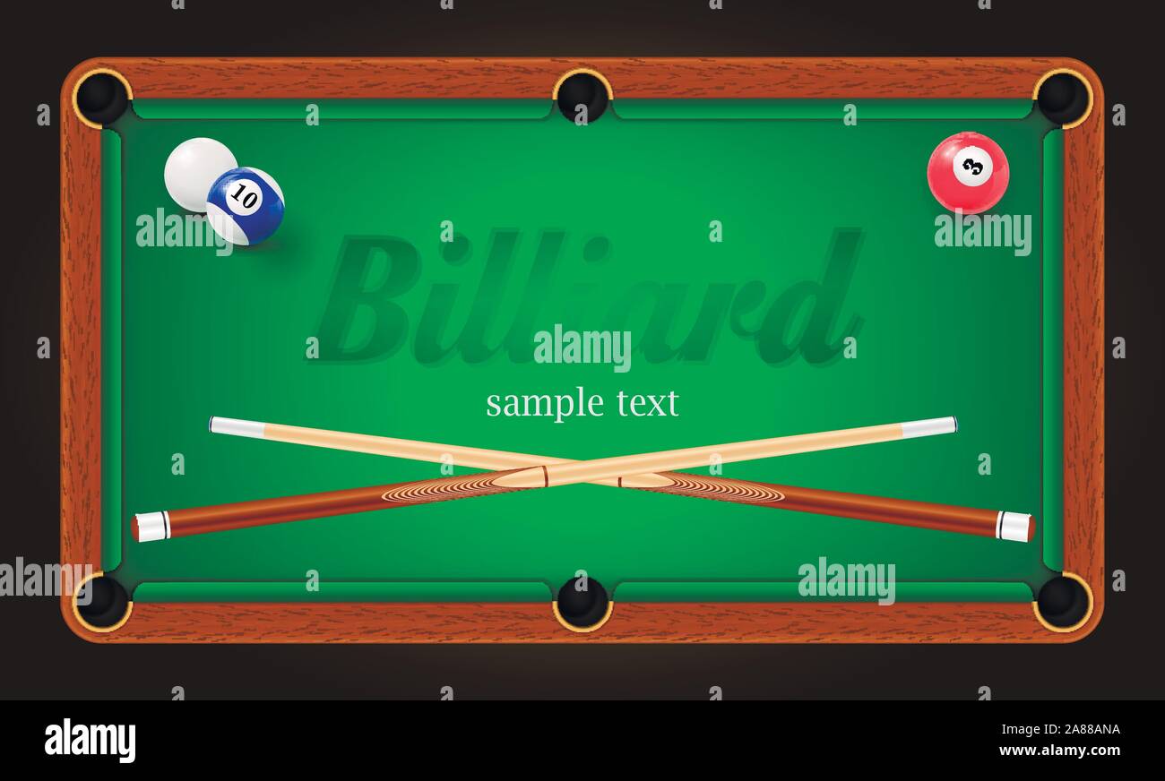 Billiard poster. Pool table background illustration with billiard balls and  billiard chalk and cue Stock Vector Image & Art - Alamy