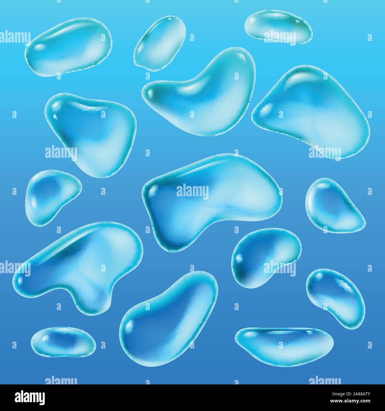 Realistic drops of a rain on a blue background in the form of glass. Abstract set. Vector illustration. Stock Vector