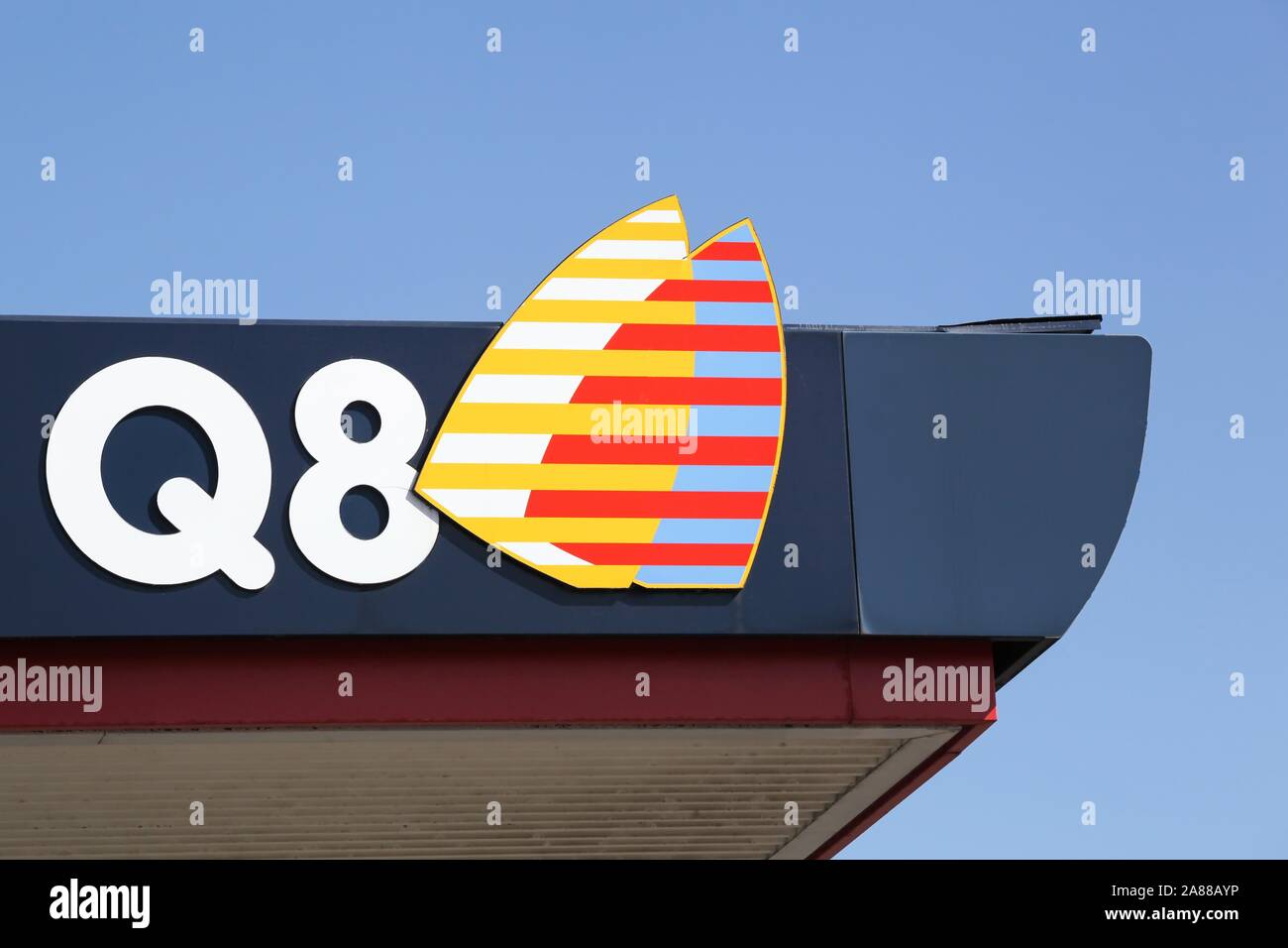 Risskov, Denmark - May 11, 2019: Q8 logo on a gas station. Kuwait Petroleum International, known by the Q8 brand Stock Photo