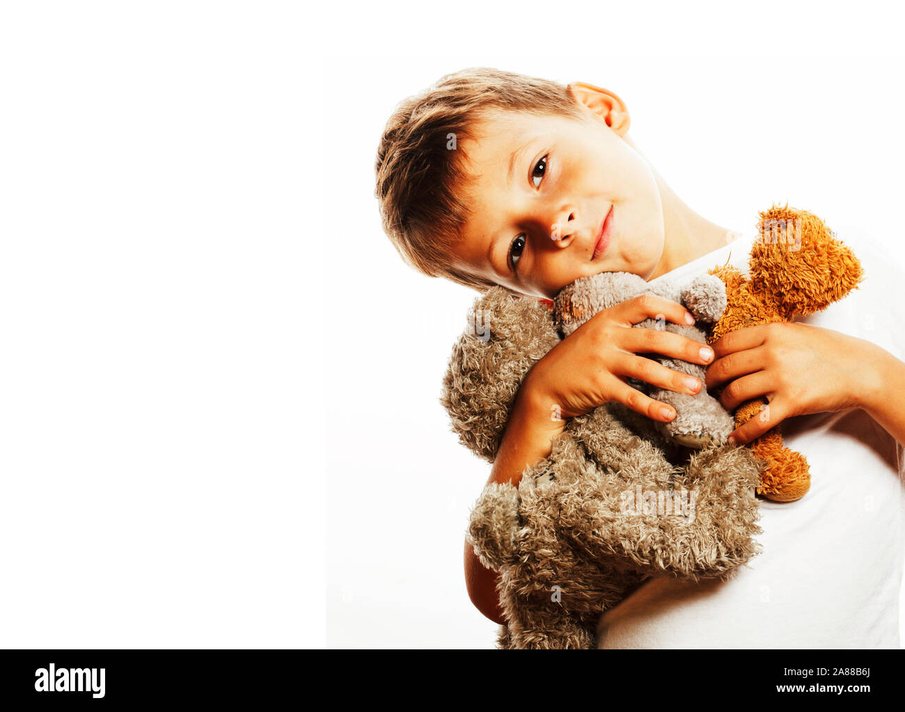 little cute boy with many teddy bears hugging isolated close up Stock ...
