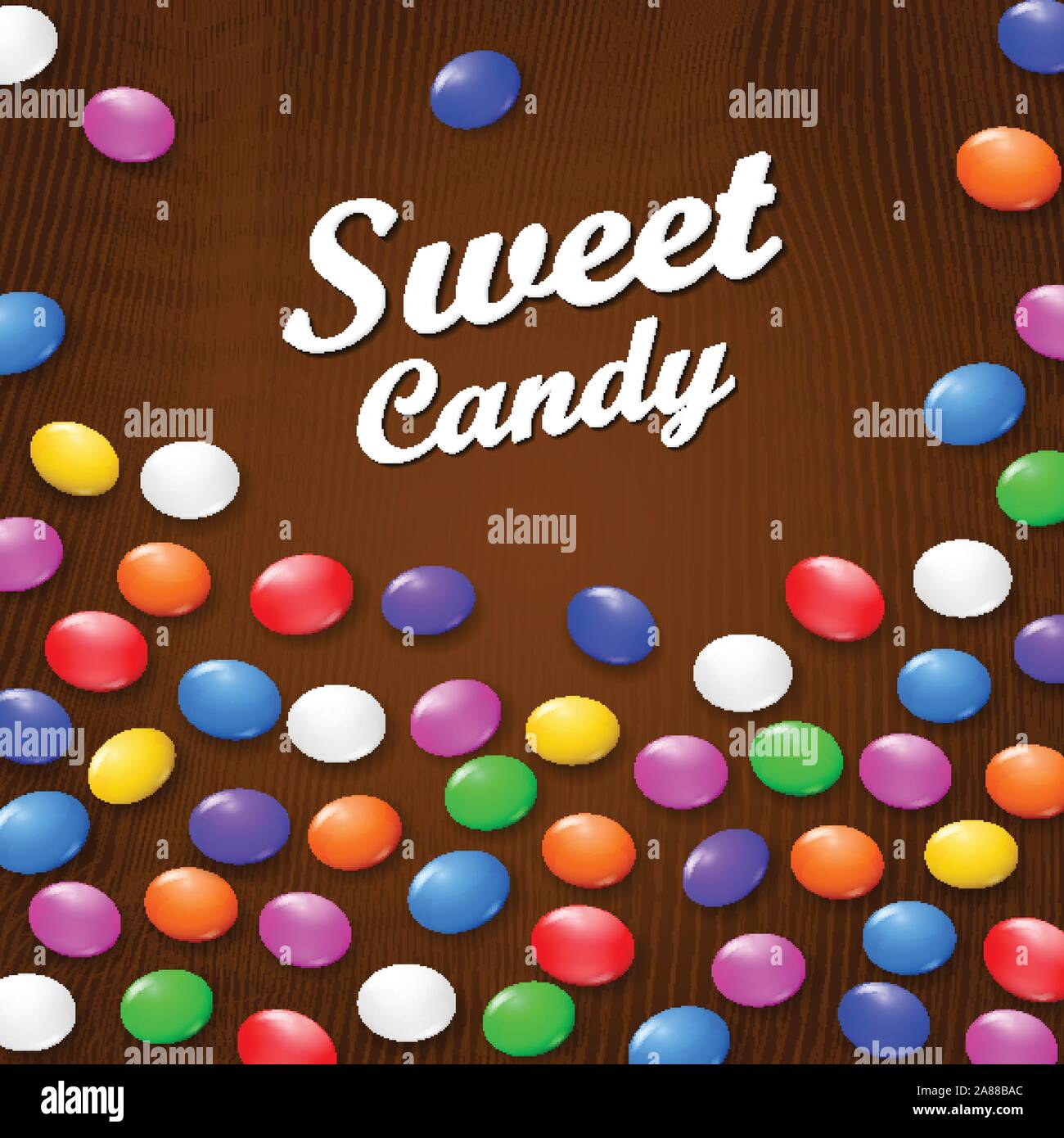 Colored candies, sweets and lollipops. On a brown wooden background. View from above. Stock Vector