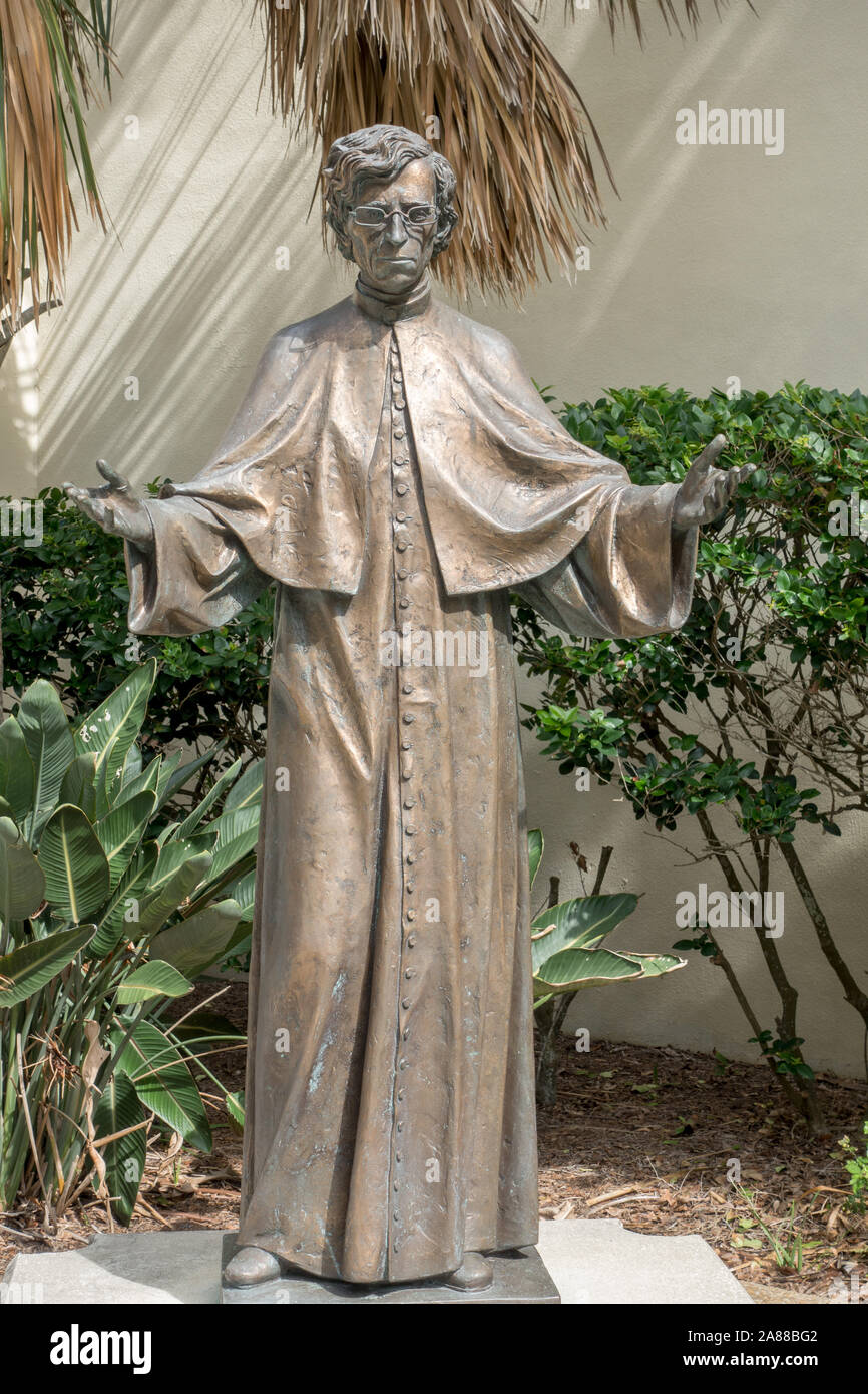 Statue And Historic Plaque Of Padre Felix Varela In The Grounds Of St Augustine Cathedral, Florida USA. Stock Photo