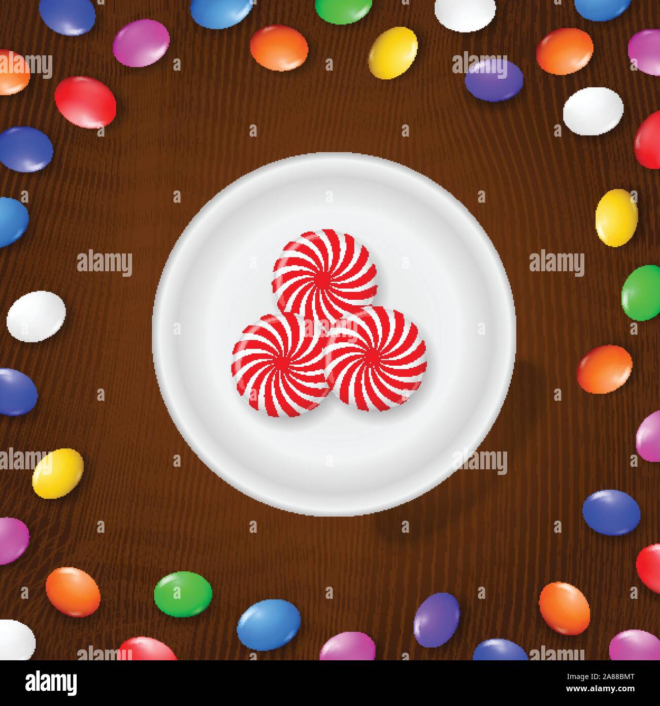 Colored candies, sweets and lollipops. On a brown wooden background. View from above. Stock Vector