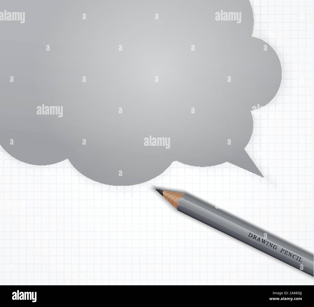 Pencil with speech bubble on grid paper vector background. Stock Vector