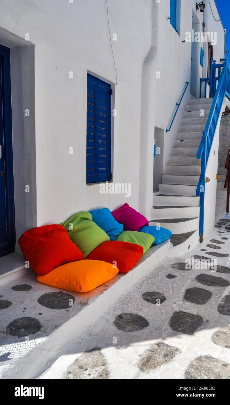 Mykonos island is located almost in the centre of the Cyclades complex. It is particularly famous for the cosmopolitan atmosphere, the exciting nightl Stock Photo
