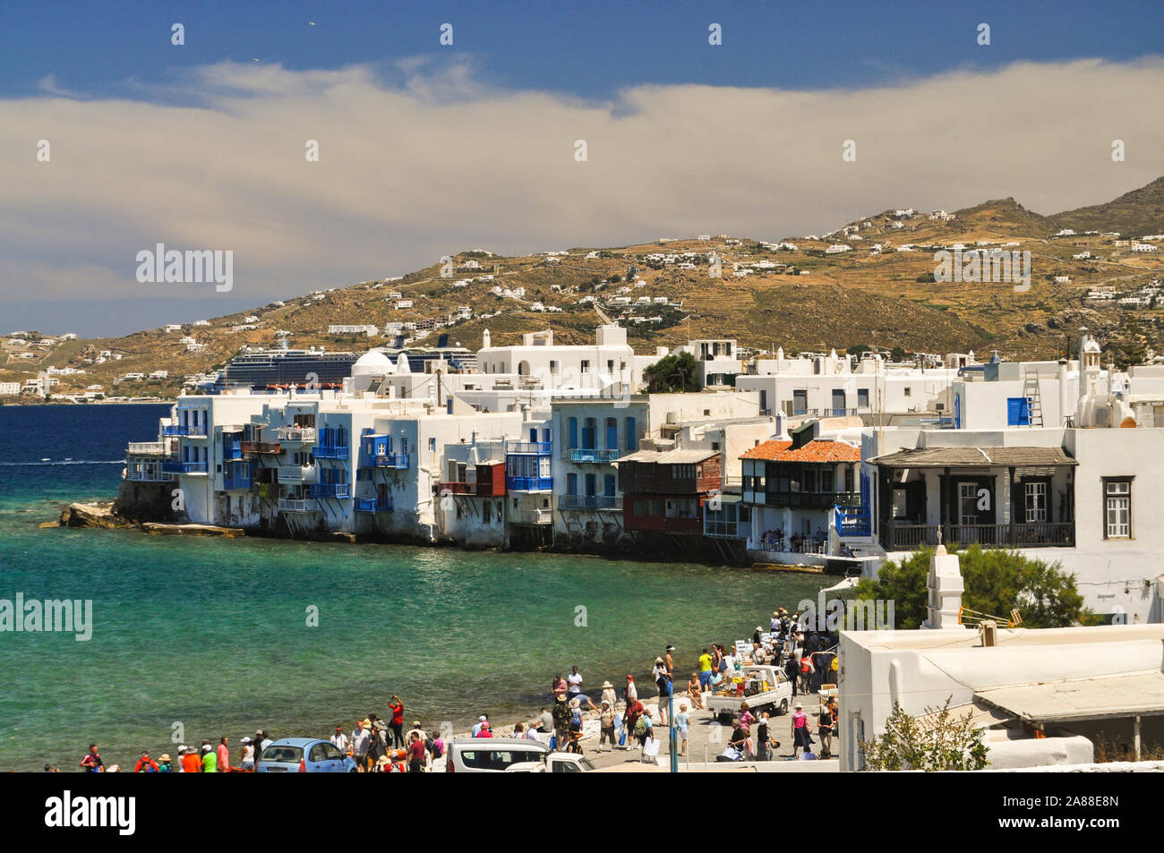 Mykonos island is located almost in the centre of the Cyclades complex. It is particularly famous for the cosmopolitan atmosphere, the exciting nightl Stock Photo