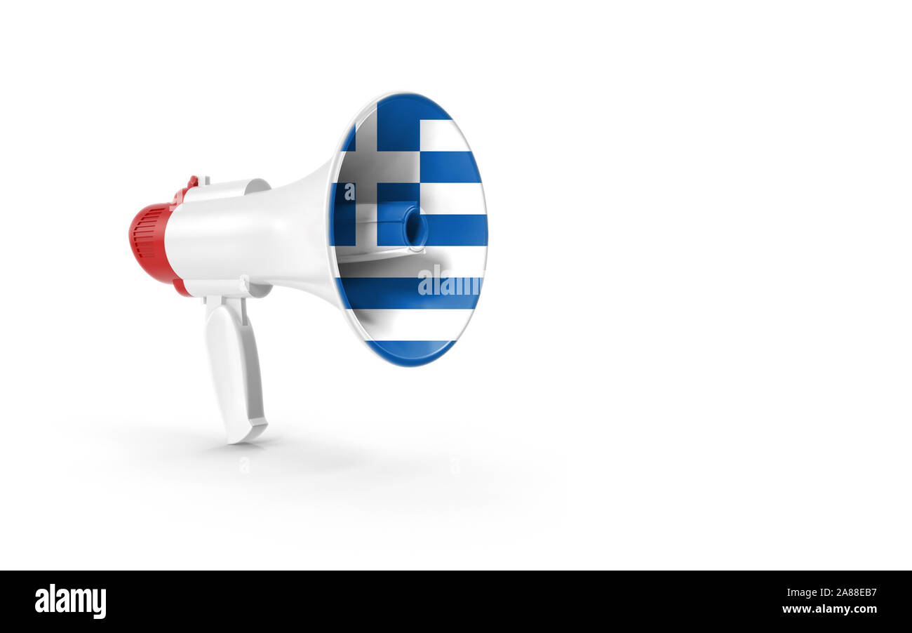 Megaphone or loudspeaker with Greek Flag is isolated on white