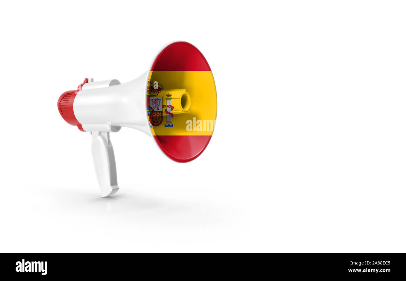 Megaphone or loudspeaker with Spanish Flag is isolated on white background. 3d rendering. Stock Photo